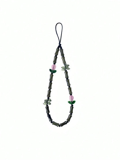 Green Glass Beads Bamboo Tulip Phone Lanyard, Traditional Auspicious Good Luck Phone Charm Hanging Accessory With Floral Decoration, Birthday Gifts For Mother Family Friends, Holiday Phone Chain Strap