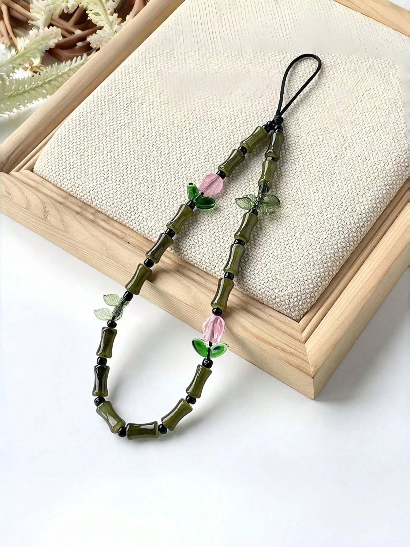 Green Glass Beads Bamboo Tulip Phone Lanyard, Traditional Auspicious Good Luck Phone Charm Hanging Accessory With Floral Decoration, Birthday Gifts For Mother Family Friends, Holiday Phone Chain Strap