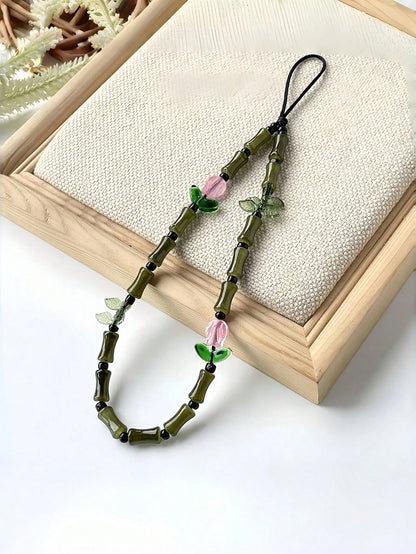 Green Glass Beads Bamboo Tulip Phone Lanyard, Traditional Auspicious Good Luck Phone Charm Hanging Accessory With Floral Decoration, Birthday Gifts For Mother Family Friends, Holiday Phone Chain Strap