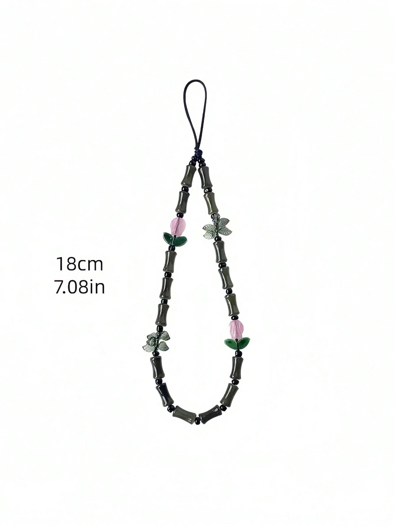 Green Glass Beads Bamboo Tulip Phone Lanyard, Traditional Auspicious Good Luck Phone Charm Hanging Accessory With Floral Decoration, Birthday Gifts For Mother Family Friends, Holiday Phone Chain Strap