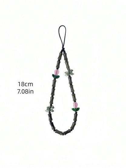 Green Glass Beads Bamboo Tulip Phone Lanyard, Traditional Auspicious Good Luck Phone Charm Hanging Accessory With Floral Decoration, Birthday Gifts For Mother Family Friends, Holiday Phone Chain Strap