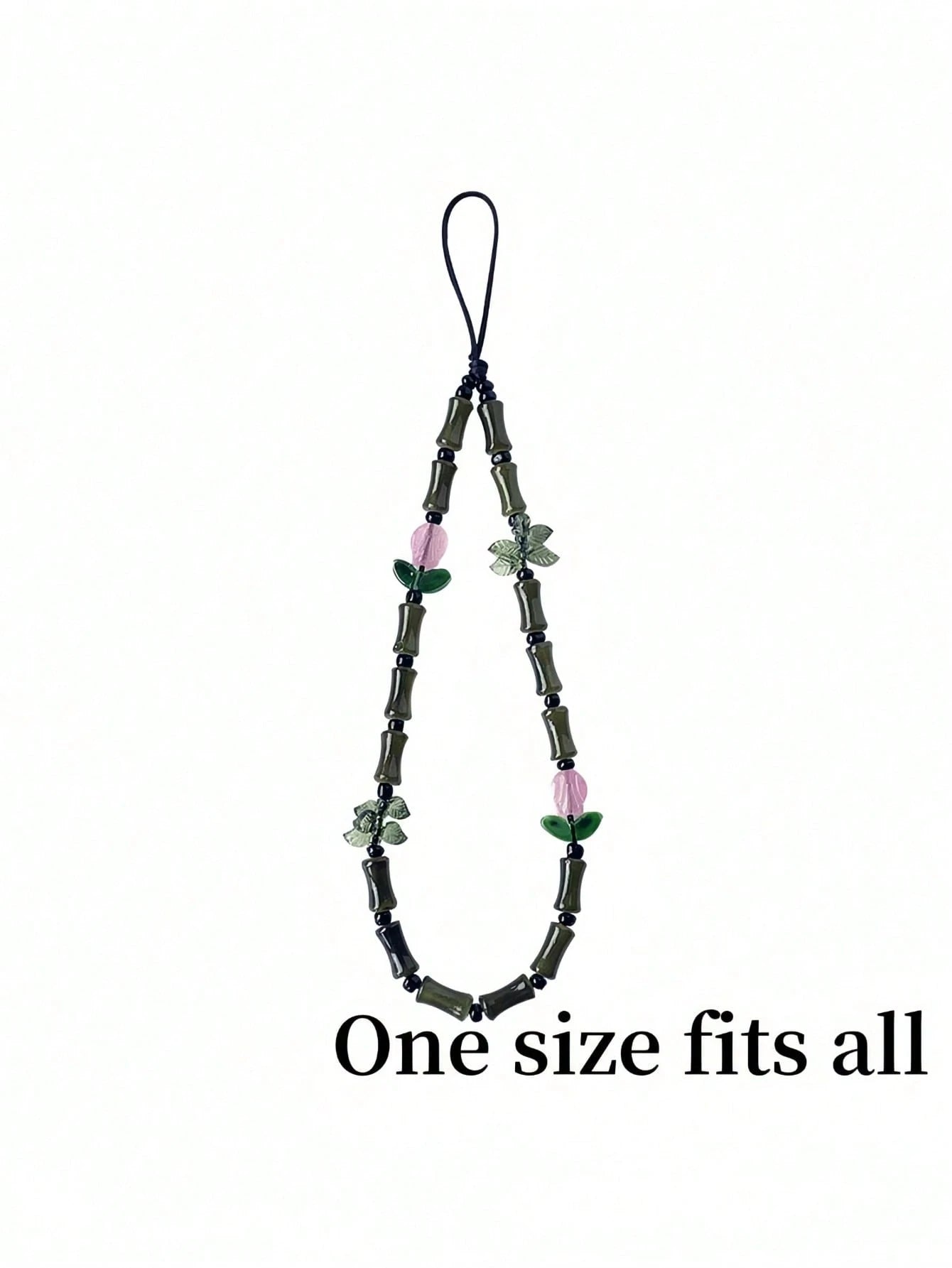 Green Glass Beads Bamboo Tulip Phone Lanyard, Traditional Auspicious Good Luck Phone Charm Hanging Accessory With Floral Decoration, Birthday Gifts For Mother Family Friends, Holiday Phone Chain Strap