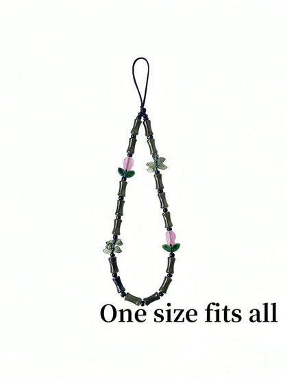 Green Glass Beads Bamboo Tulip Phone Lanyard, Traditional Auspicious Good Luck Phone Charm Hanging Accessory With Floral Decoration, Birthday Gifts For Mother Family Friends, Holiday Phone Chain Strap