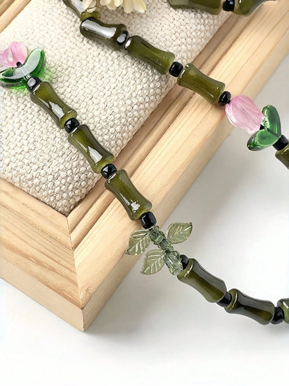 Green Glass Beads Bamboo Tulip Phone Lanyard, Traditional Auspicious Good Luck Phone Charm Hanging Accessory With Floral Decoration, Birthday Gifts For Mother Family Friends, Holiday Phone Chain Strap