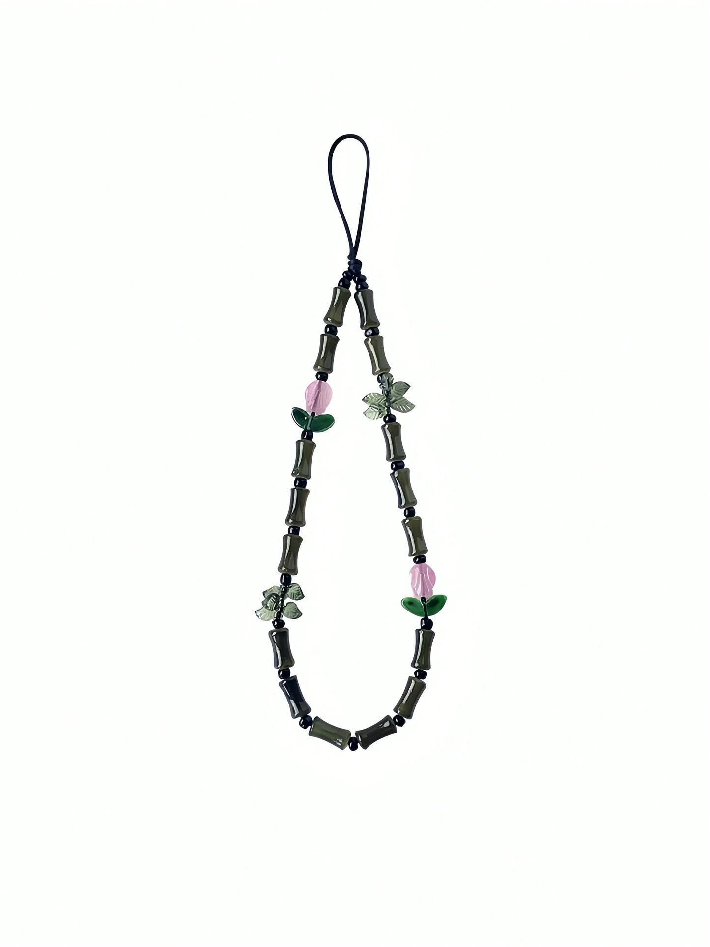 Green Glass Beads Bamboo Tulip Phone Lanyard, Traditional Auspicious Good Luck Phone Charm Hanging Accessory With Floral Decoration, Birthday Gifts For Mother Family Friends, Holiday Phone Chain Strap