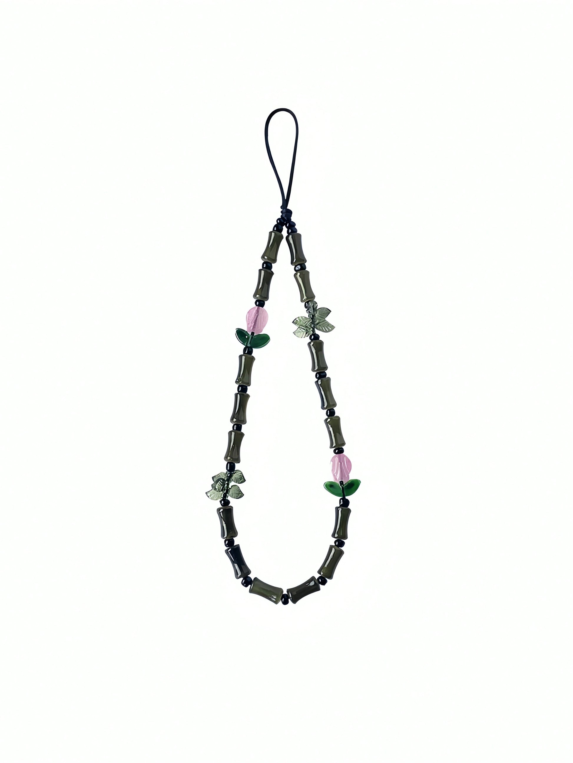 Green Glass Beads Bamboo Tulip Phone Lanyard, Traditional Auspicious Good Luck Phone Charm Hanging Accessory With Floral Decoration, Birthday Gifts For Mother Family Friends, Holiday Phone Chain Strap