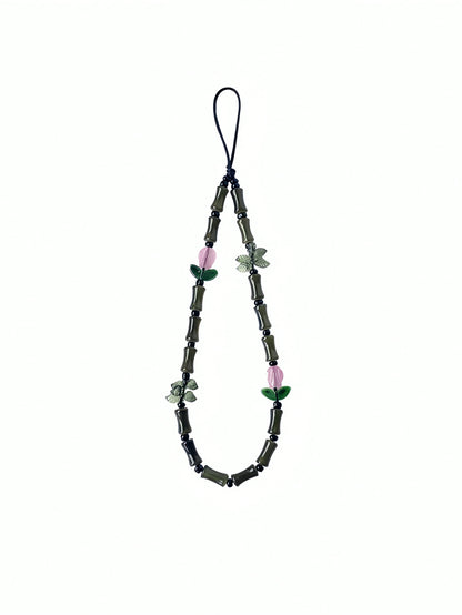 Green Glass Beads Bamboo Tulip Phone Lanyard, Traditional Auspicious Good Luck Phone Charm Hanging Accessory With Floral Decoration, Birthday Gifts For Mother Family Friends, Holiday Phone Chain Strap