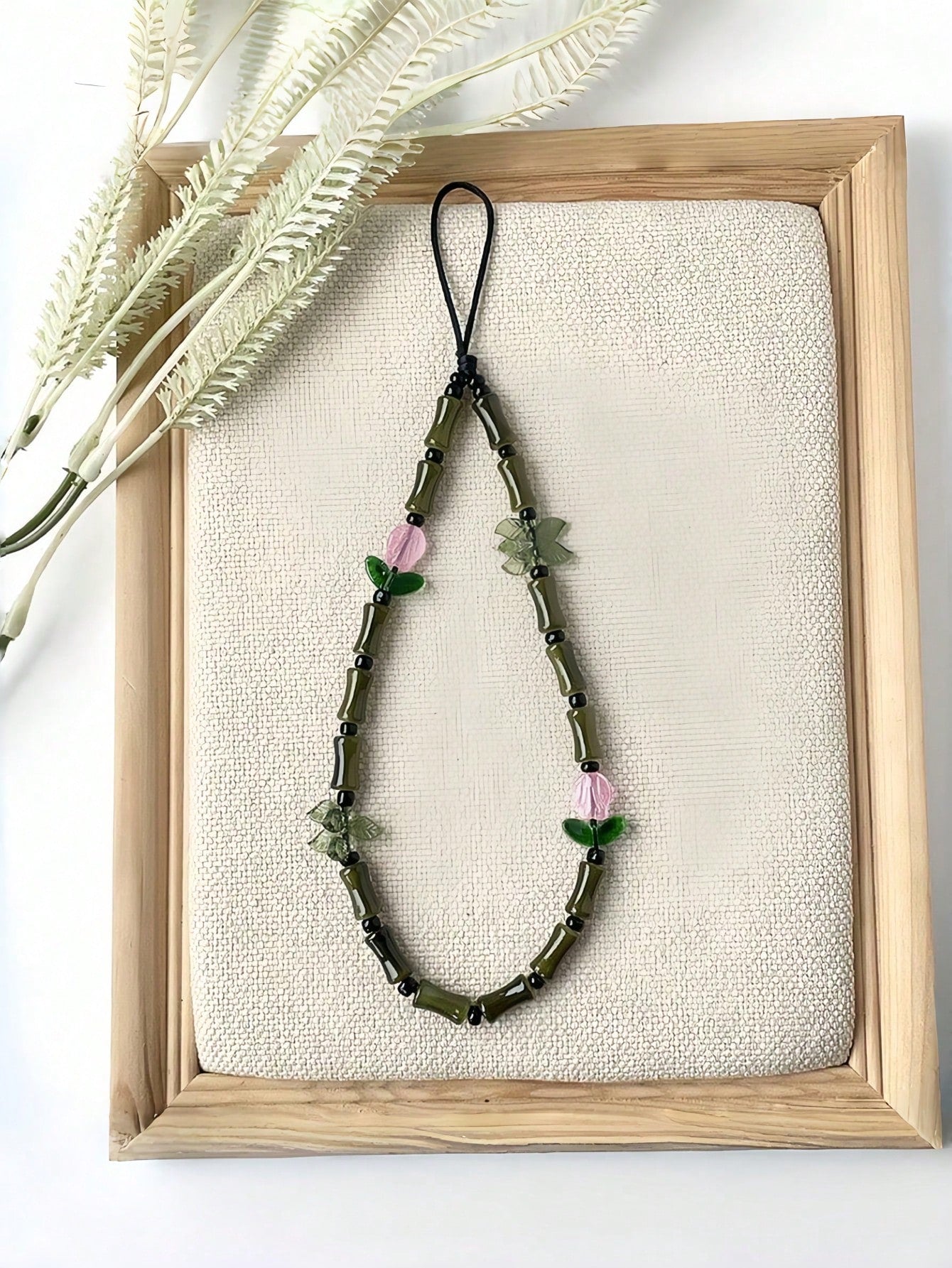 Green Glass Beads Bamboo Tulip Phone Lanyard, Traditional Auspicious Good Luck Phone Charm Hanging Accessory With Floral Decoration, Birthday Gifts For Mother Family Friends, Holiday Phone Chain Strap