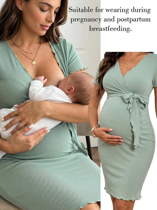 Green Maternity Dress, Elegant Solid Color, Overlapping Neckline, Tie-Waist Short Sleeves, Perfect For Summer Casual Wear.