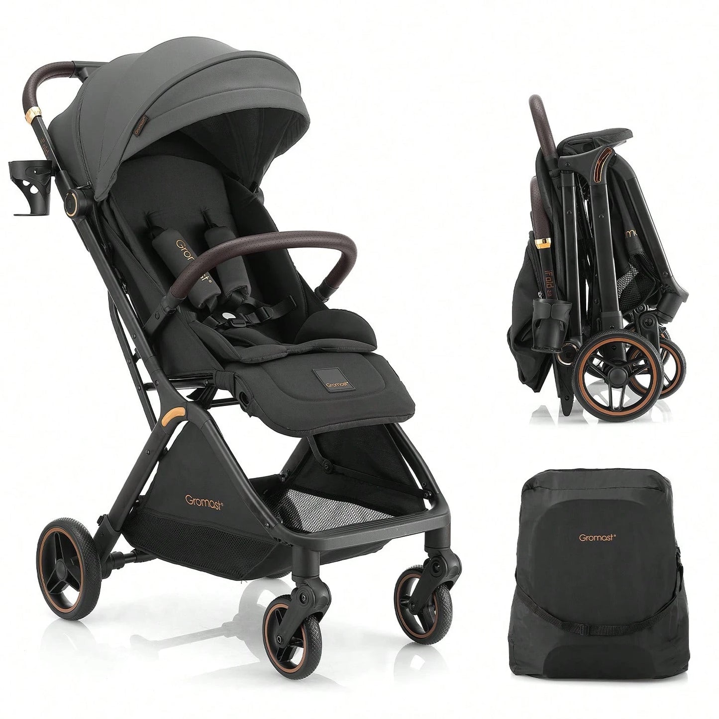 Gromast Gravity Folding Baby Stroller- Portable Travel Toddler Stroller W/ Adjustable Backrest & Canopy, One-Hand Automatic Folding- Dark Gray
