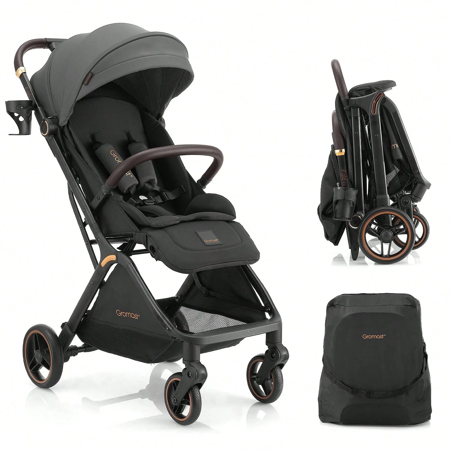 Gromast Gravity Folding Baby Stroller- Portable Travel Toddler Stroller W/ Adjustable Backrest & Canopy, One-Hand Automatic Folding- Dark Gray