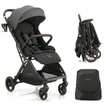 Gromast Gravity Folding Baby Stroller- Portable Travel Toddler Stroller W/ Adjustable Backrest & Canopy, One-Hand Automatic Folding- Dark Gray