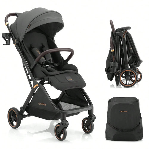 Gromast Gravity Folding Baby Stroller- Portable Travel Toddler Stroller W/ Adjustable Backrest & Canopy, One-Hand Automatic Folding- Dark Gray