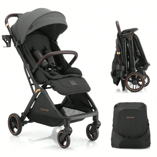 Gromast Gravity Folding Baby Stroller- Portable Travel Toddler Stroller W/ Adjustable Backrest & Canopy, One-Hand Automatic Folding- Dark Gray