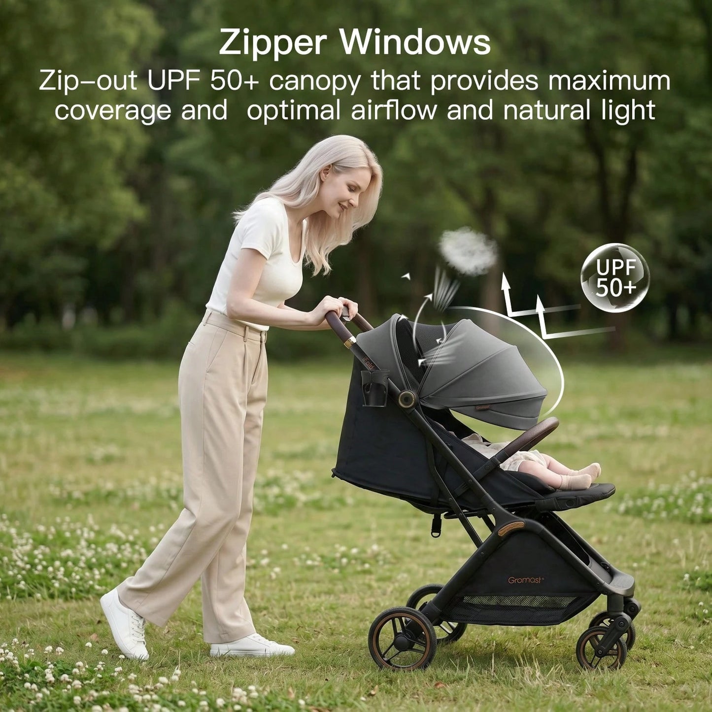 Gromast Gravity Folding Baby Stroller- Portable Travel Toddler Stroller W/ Adjustable Backrest & Canopy, One-Hand Automatic Folding- Dark Gray