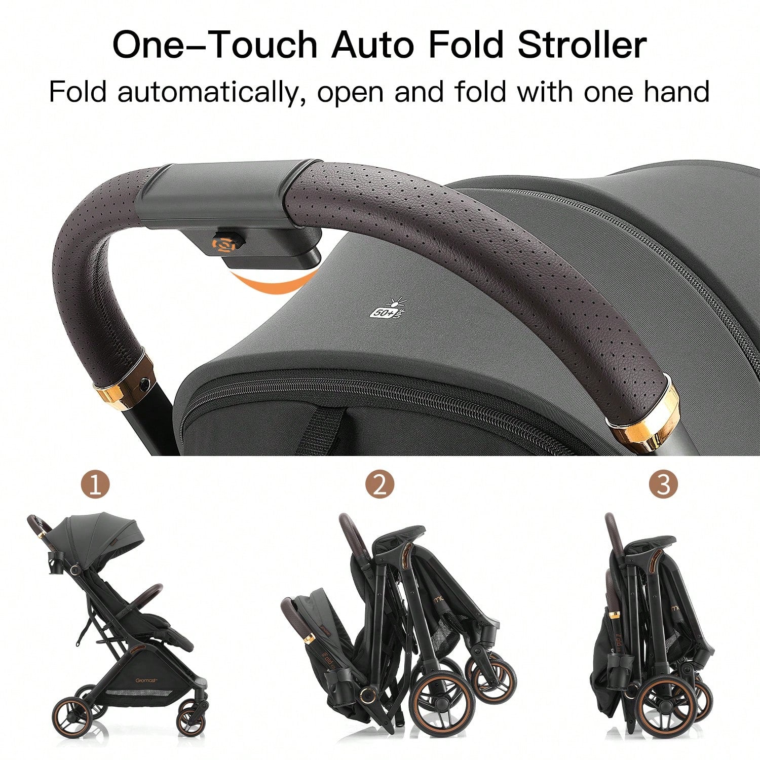 Gromast Gravity Folding Baby Stroller- Portable Travel Toddler Stroller W/ Adjustable Backrest & Canopy, One-Hand Automatic Folding- Dark Gray