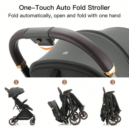Gromast Gravity Folding Baby Stroller- Portable Travel Toddler Stroller W/ Adjustable Backrest & Canopy, One-Hand Automatic Folding- Dark Gray