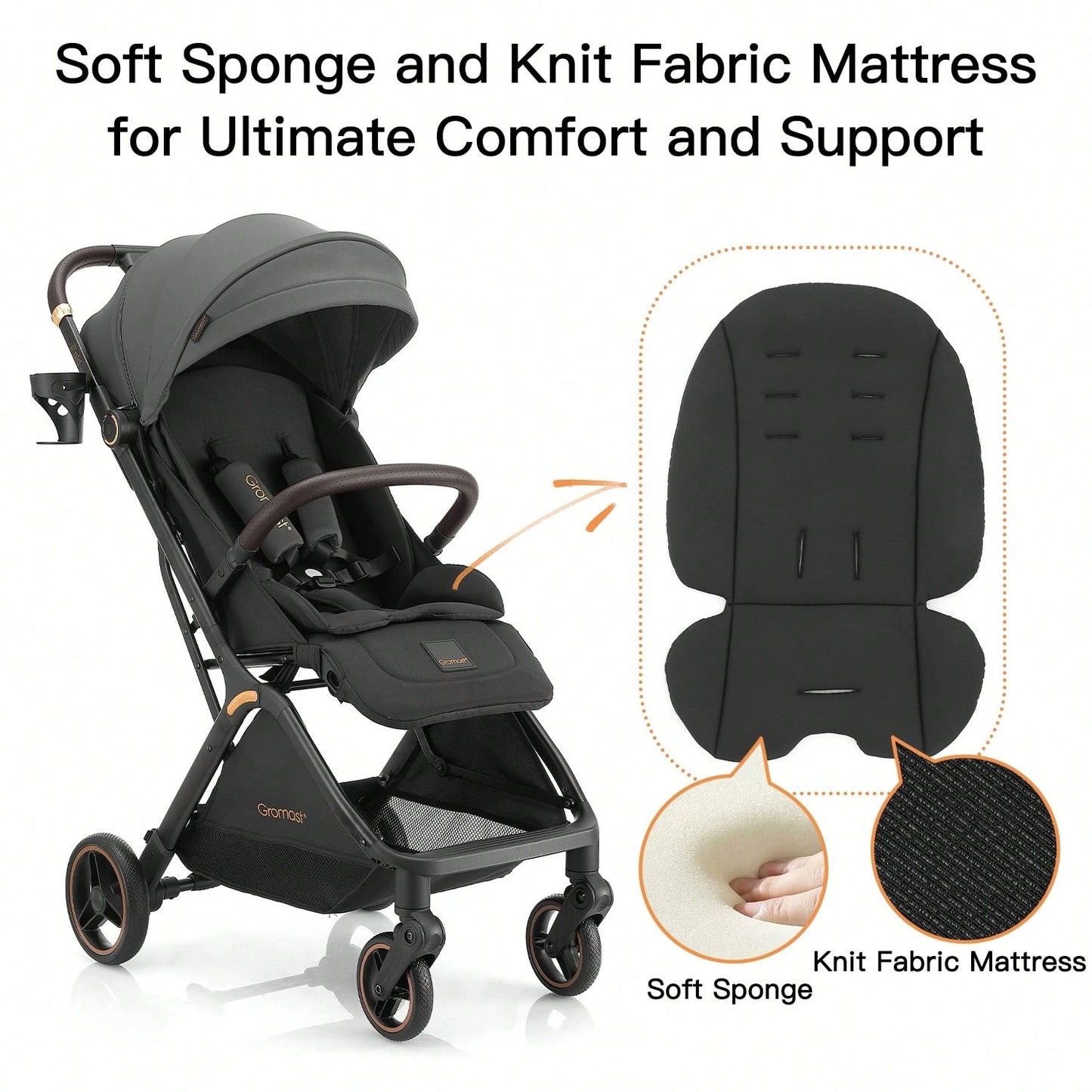 Gromast Gravity Folding Baby Stroller- Portable Travel Toddler Stroller W/ Adjustable Backrest & Canopy, One-Hand Automatic Folding- Dark Gray