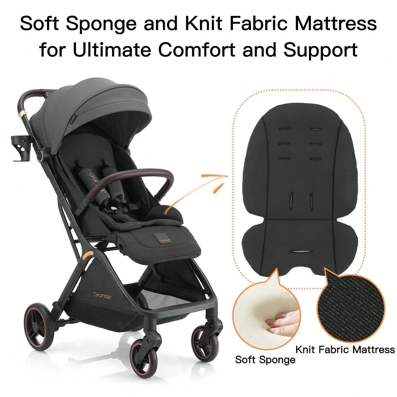 Gromast Gravity Folding Baby Stroller- Portable Travel Toddler Stroller W/ Adjustable Backrest & Canopy, One-Hand Automatic Folding- Dark Gray