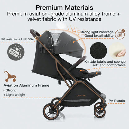 Gromast Gravity Folding Baby Stroller- Portable Travel Toddler Stroller W/ Adjustable Backrest & Canopy, One-Hand Automatic Folding- Dark Gray