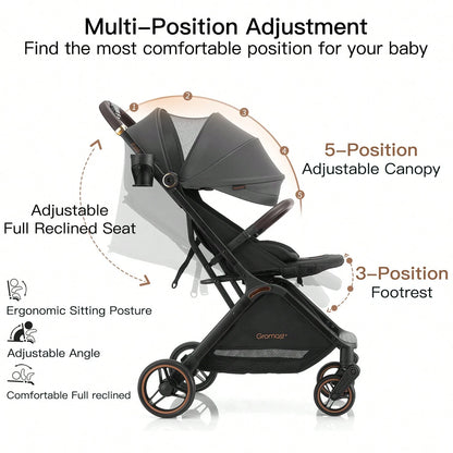 Gromast Gravity Folding Baby Stroller- Portable Travel Toddler Stroller W/ Adjustable Backrest & Canopy, One-Hand Automatic Folding- Dark Gray