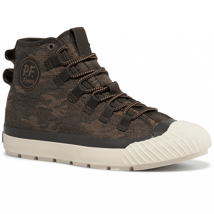 Rotating gif showing different angles of a brown camo-patterned high-top sneaker.