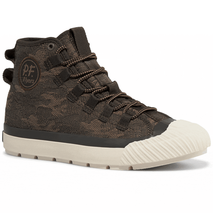 Rotating gif showing different angles of a brown camo-patterned high-top sneaker.