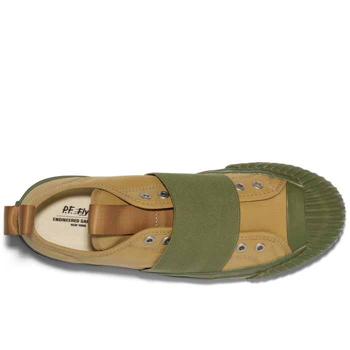 Green and brown sandal with 'P.F. Flyers' branding on a white background