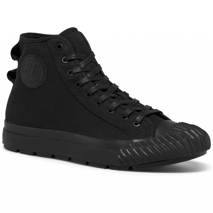 Black high-top sneaker rotating gif showing different angles of the sneaker.
