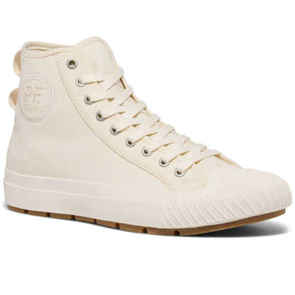 An off-white high-top sneaker on a white background.