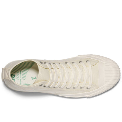 Top-down view of an off-white high-top sneaker on a white background.
