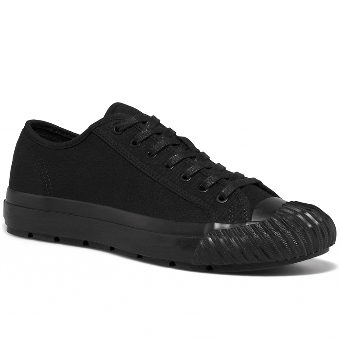 Black low-top sneaker rotating gif showing different angles of the sneaker.