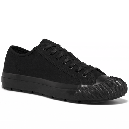Black low-top sneaker rotating gif showing different angles of the sneaker.