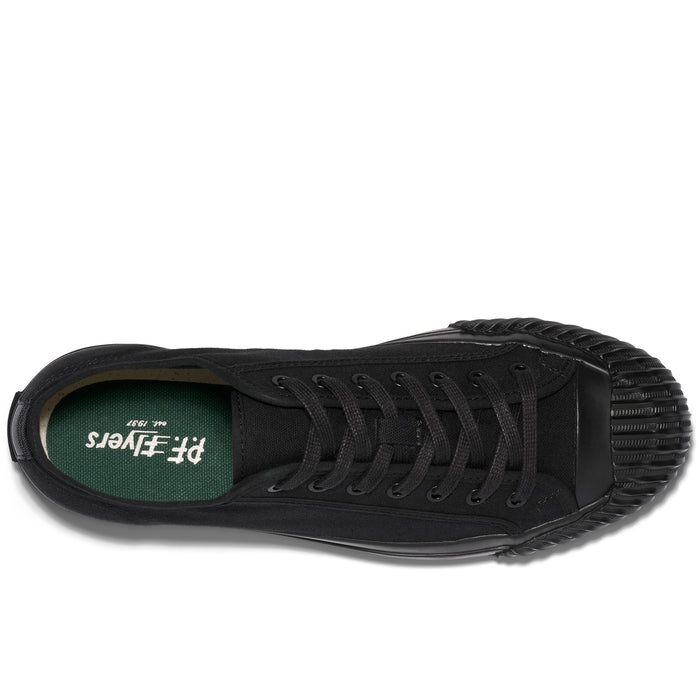 Overhead view of a black low-top sneaker on a white background.