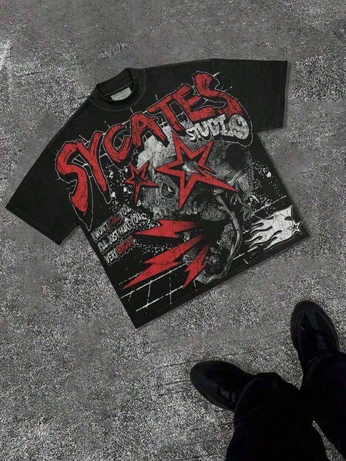 Grunge Revival Essential- Contrast Red/White Graphics With Edgy GAGADO Detail| CottonUnisex Casual-ShirtsCasual Short-Sleeve-Shirts Men And Women