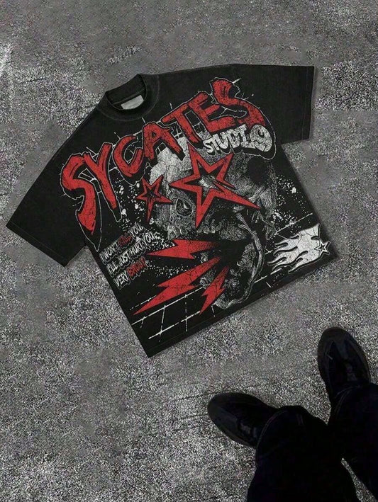 Grunge Revival Essential- Contrast Red/White Graphics With Edgy GAGADO Detail| CottonUnisex Casual-ShirtsCasual Short-Sleeve-Shirts Men And Women