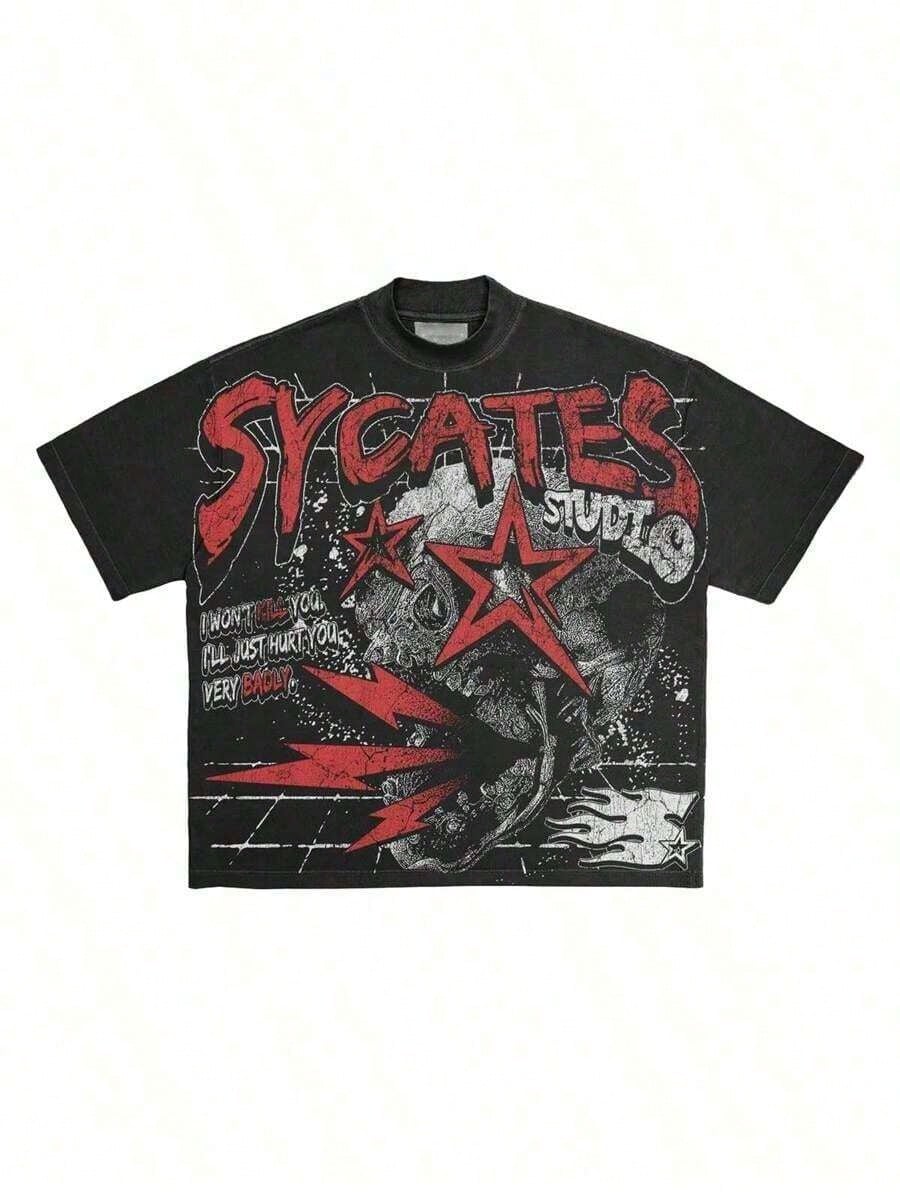 Grunge Revival Essential- Contrast Red/White Graphics With Edgy GAGADO Detail| CottonUnisex Casual-ShirtsCasual Short-Sleeve-Shirts Men And Women