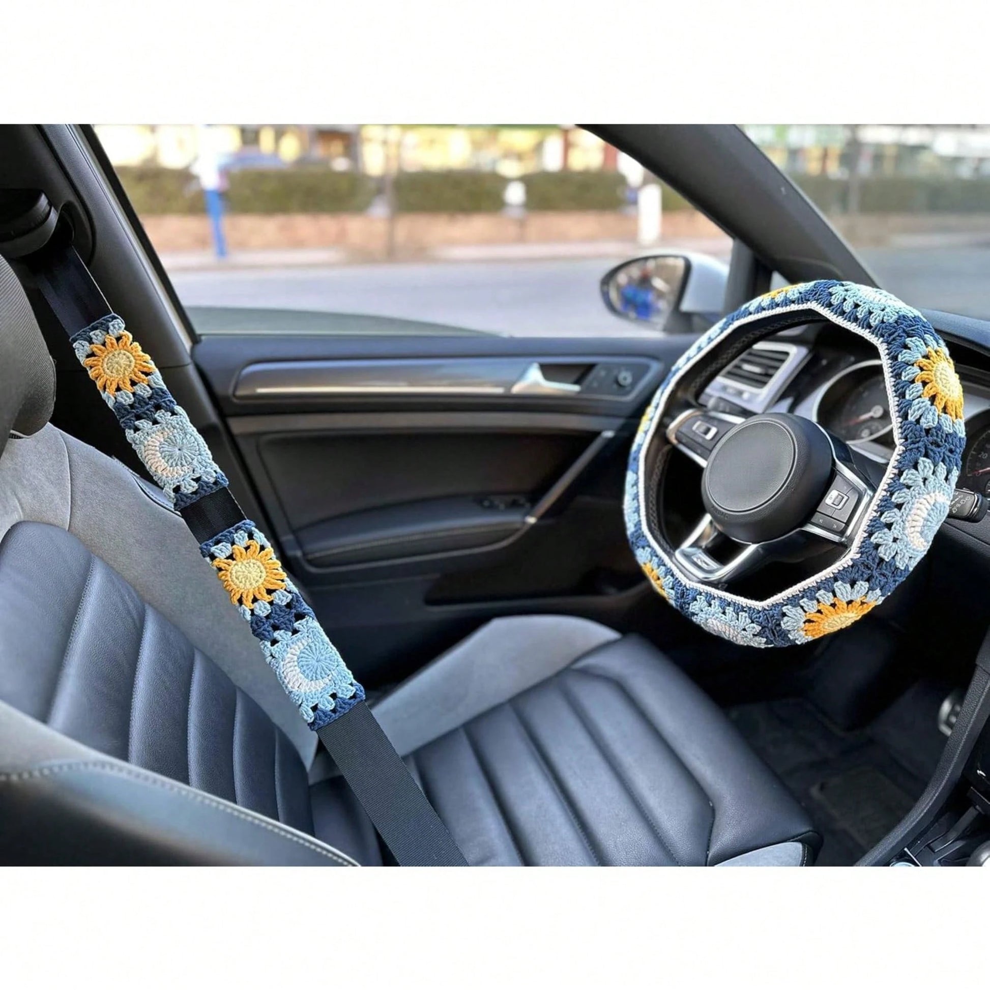 Handmade Crochet Moon And Sun Car Steering Wheel Covers Universal 14-15 Inch For Women And Men (Steer Wheel Cover)