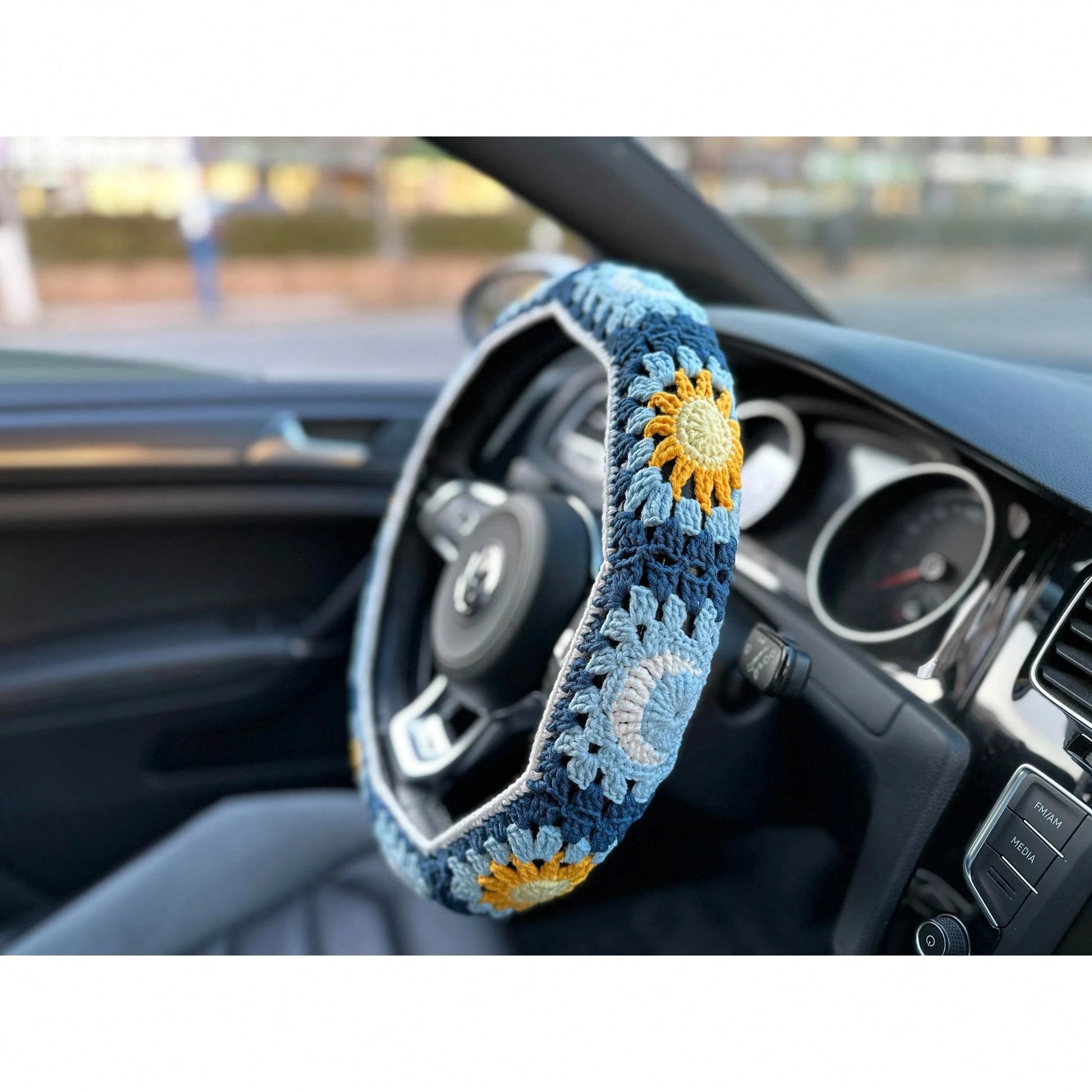 Handmade Crochet Moon And Sun Car Steering Wheel Covers Universal 14-15 Inch For Women And Men (Steer Wheel Cover)