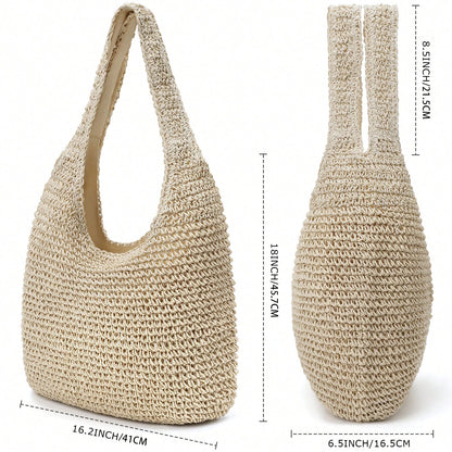 Handmade Straw Woven Handbag, Woven Mesh Beach Bag, Shoulder Bag, Foldable Bag, Suitable For Beach, Travel And Vacation, Full Of Fashion Sense