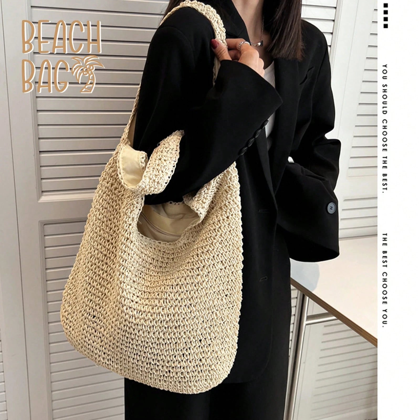 Handmade Straw Woven Handbag, Woven Mesh Beach Bag, Shoulder Bag, Foldable Bag, Suitable For Beach, Travel And Vacation, Full Of Fashion Sense