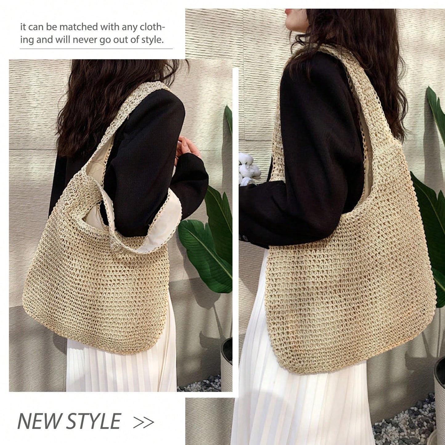 Handmade Straw Woven Handbag, Woven Mesh Beach Bag, Shoulder Bag, Foldable Bag, Suitable For Beach, Travel And Vacation, Full Of Fashion Sense