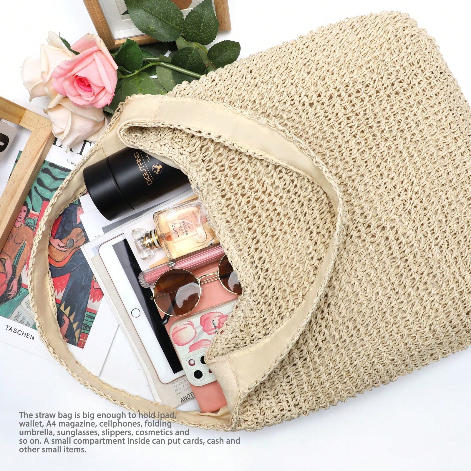 Handmade Straw Woven Handbag, Woven Mesh Beach Bag, Shoulder Bag, Foldable Bag, Suitable For Beach, Travel And Vacation, Full Of Fashion Sense