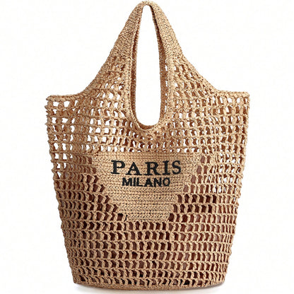 Handmade Straw Woven Handbag, Woven Mesh Beach Bag, Shoulder Bag, Foldable Bag, Suitable For Beach, Travel And Vacation, Full Of Fashion Sense