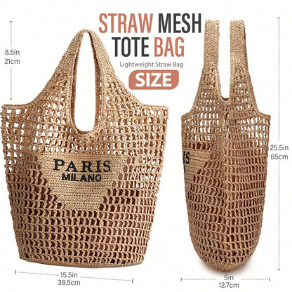 Handmade Straw Woven Handbag, Woven Mesh Beach Bag, Shoulder Bag, Foldable Bag, Suitable For Beach, Travel And Vacation, Full Of Fashion Sense
