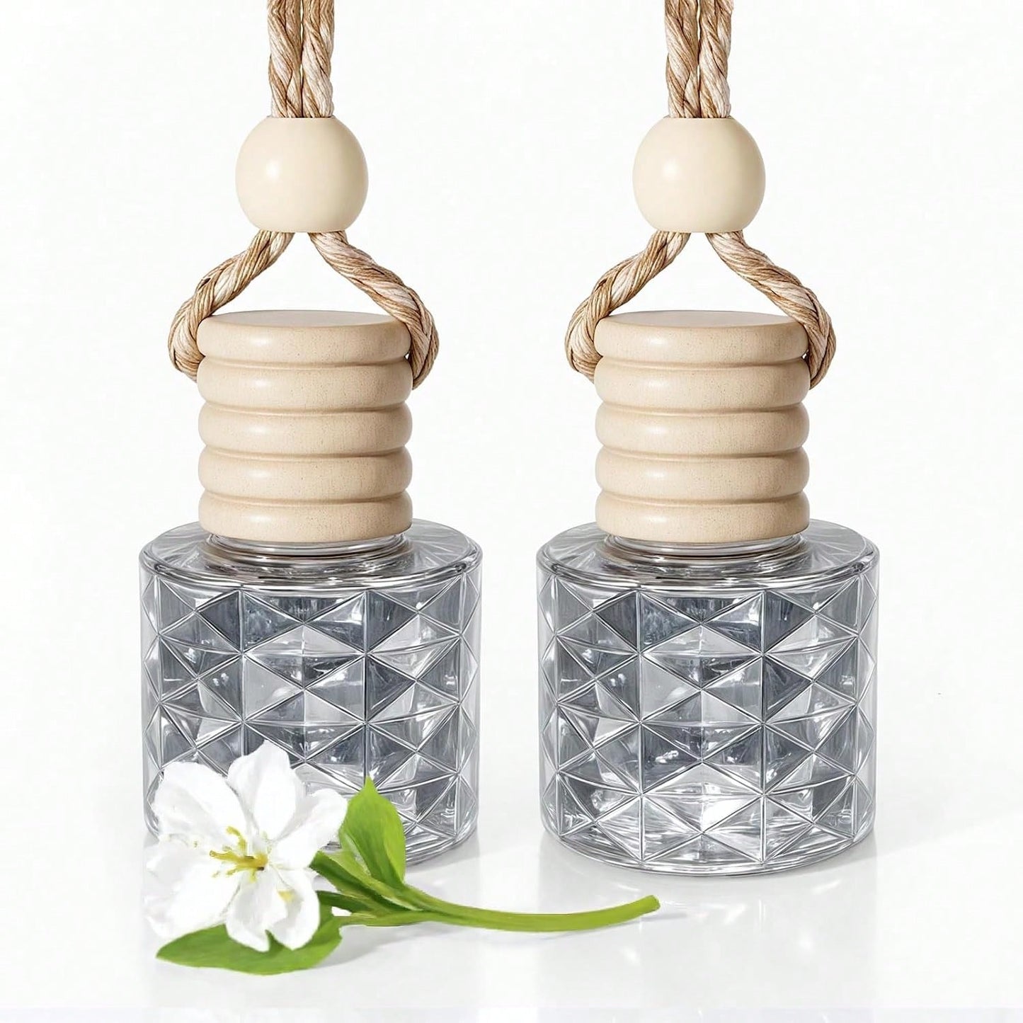 Hanging Car Air Freshener Diffuser, White Jasmine Essential Oil Car Freshener, Rearview Mirror Car Diffuser, Cute Glass Car Accessory For Women, Long
