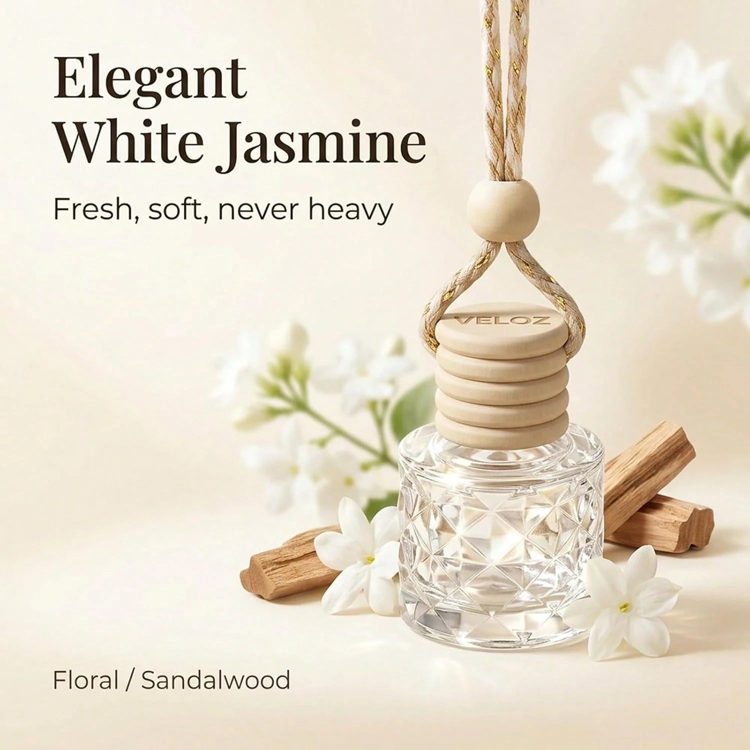 Hanging Car Air Freshener Diffuser, White Jasmine Essential Oil Car Freshener, Rearview Mirror Car Diffuser, Cute Glass Car Accessory For Women, Long