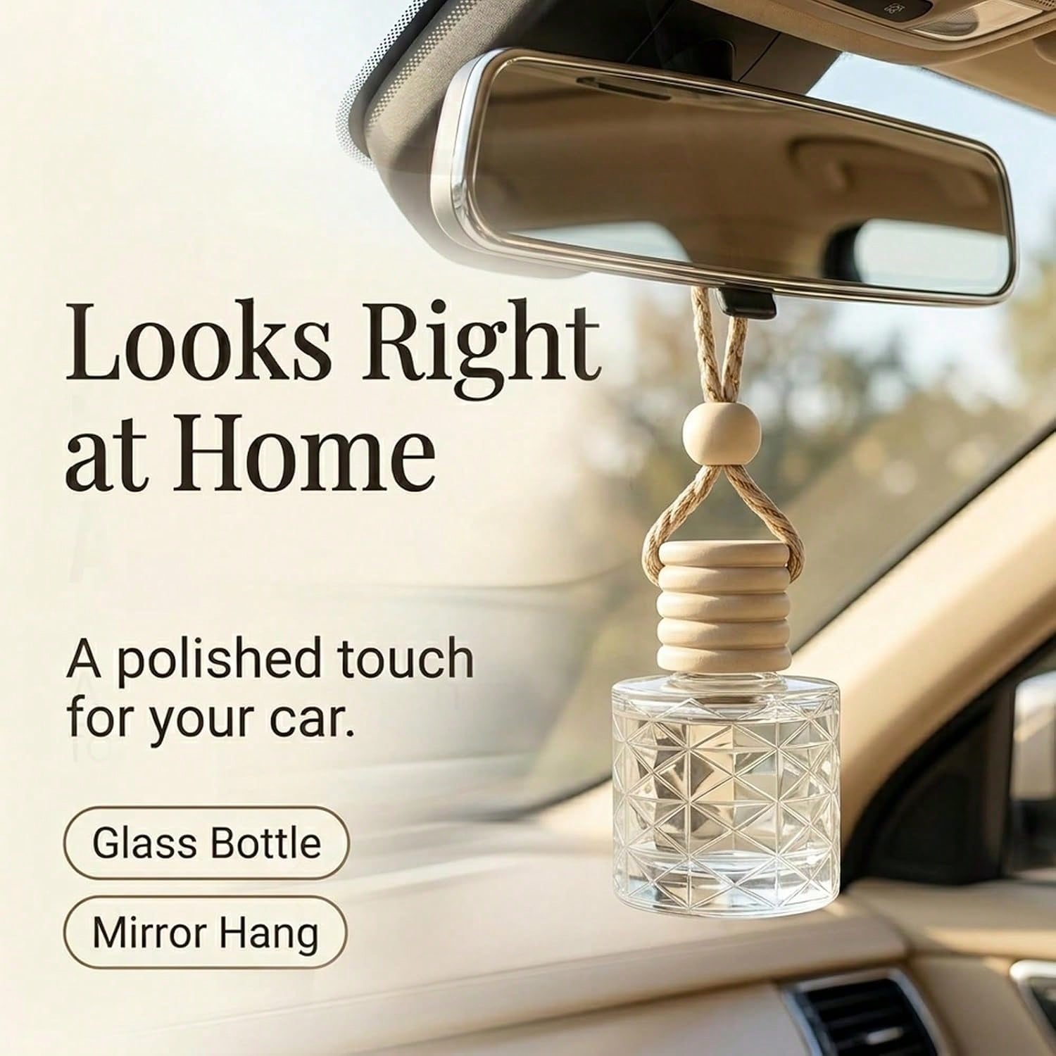Hanging Car Air Freshener Diffuser, White Jasmine Essential Oil Car Freshener, Rearview Mirror Car Diffuser, Cute Glass Car Accessory For Women, Long