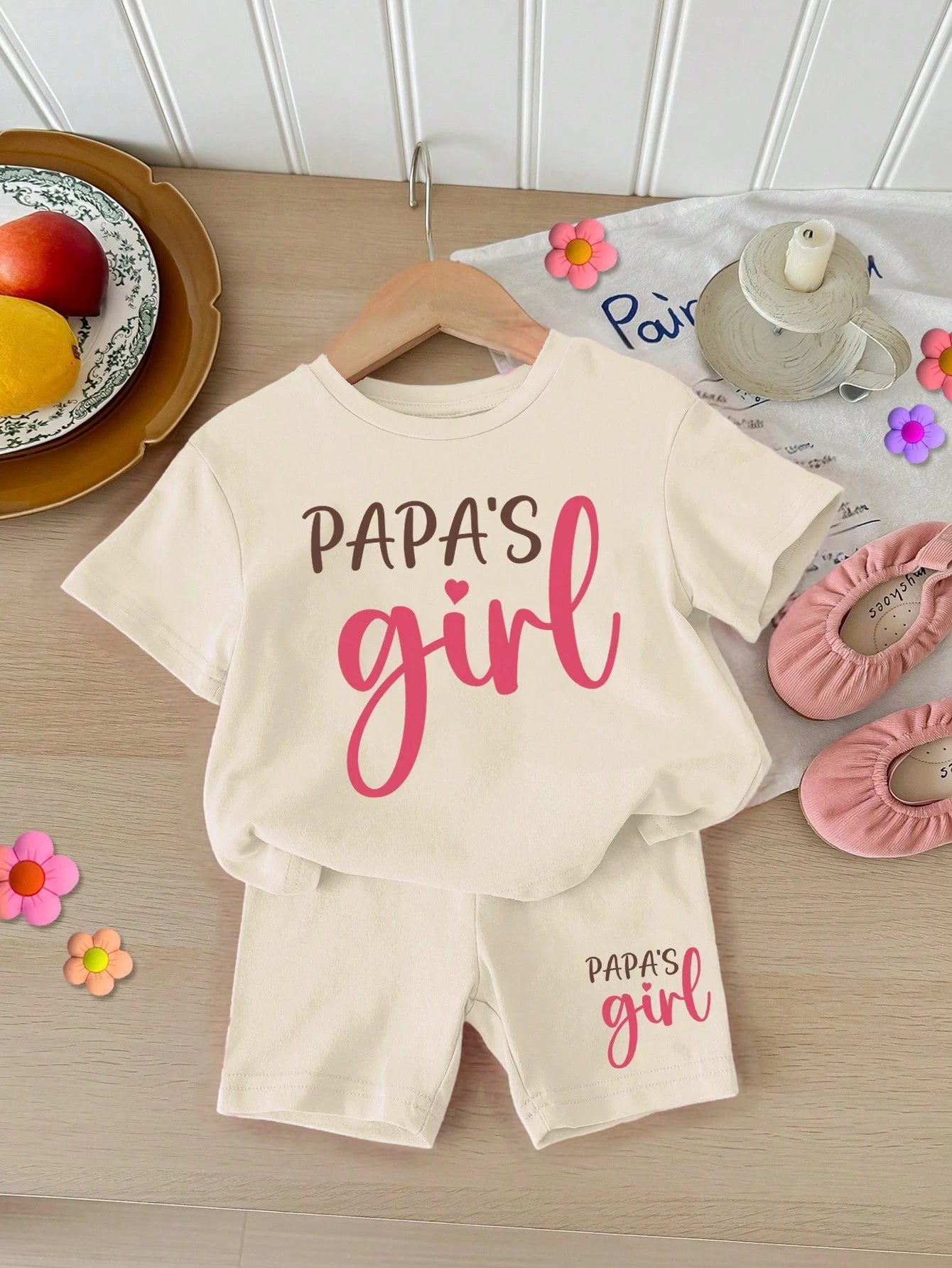 Happikins Baby Girl Casual Minimalist Letter Print Short Sleeve Top & Shorts Set, 100% Cotton, Suitable For Summer