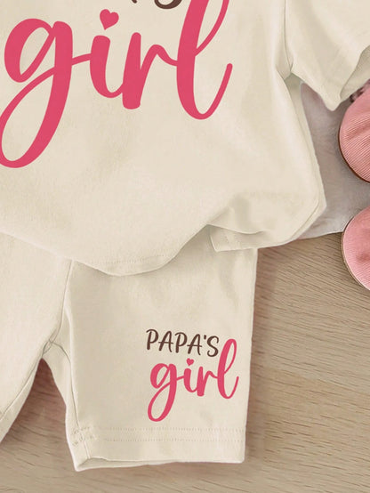 Happikins Baby Girl Casual Minimalist Letter Print Short Sleeve Top & Shorts Set, 100% Cotton, Suitable For Summer
